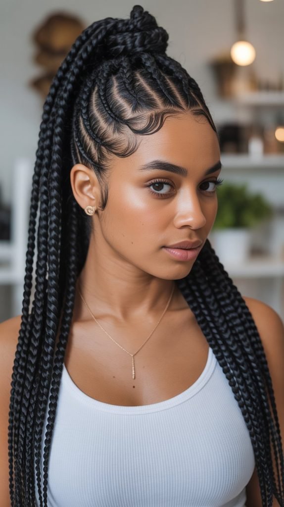 Textured Side Part Knotless Braids Ponytail with Volume