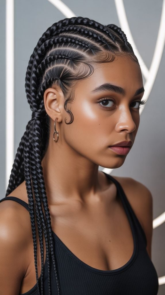 Twisted Side Part Knotless Braids Ponytail with Spiral Elements