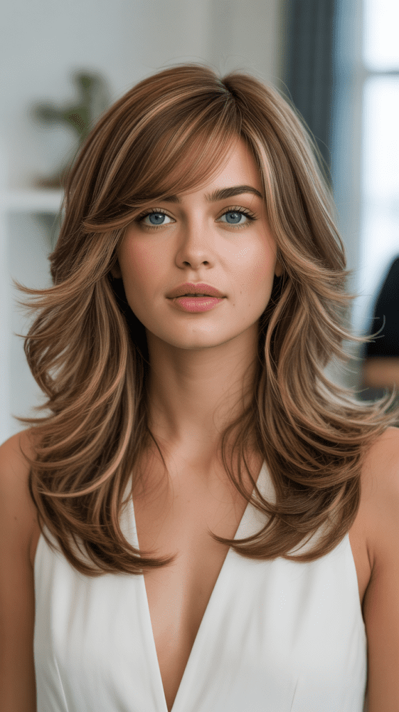 Long Layered Waves with Side-Swept Bangs