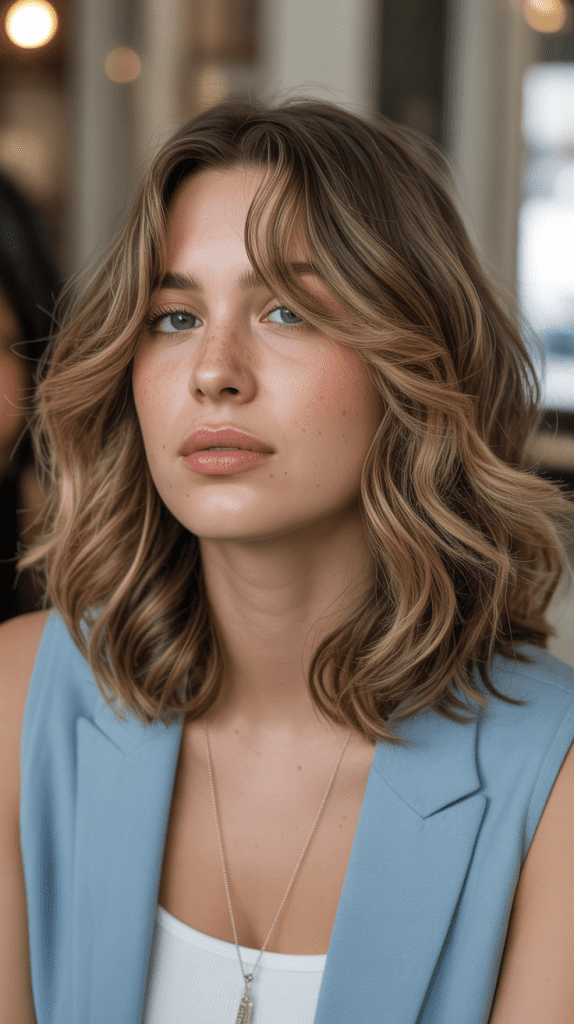 Wavy Mid-Length Cut with Swoopy Bangs