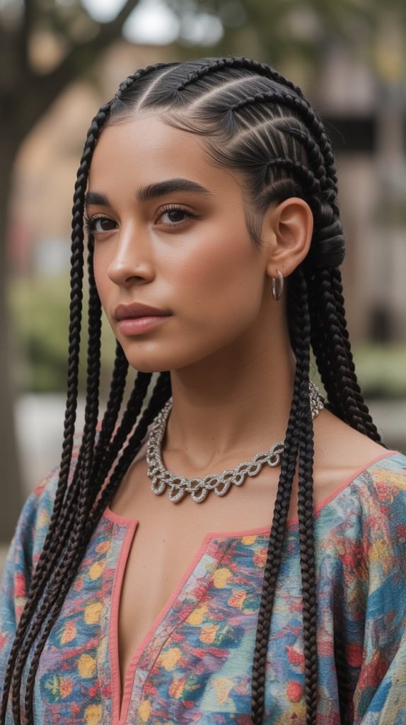  Side Part Medium Braids with Cornrow Integration