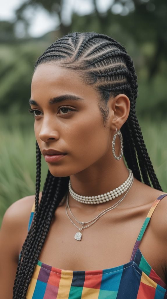 Side Part Short Braids with Cornrow Details