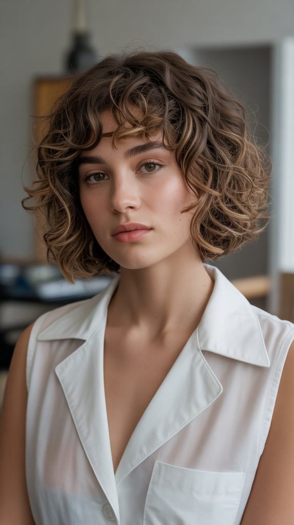 Curly French Bob with Subtle Balayage