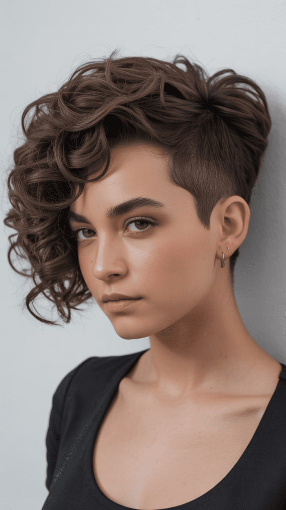Asymmetrical Curly Pixie with Side Fade