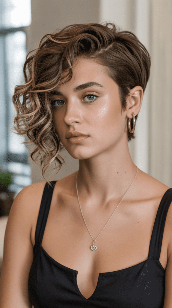 Curly Pixie with Side-Swept Volume