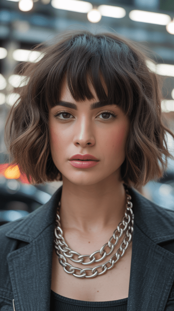 Choppy Wavy Bob with Blunt Curtain Bangs