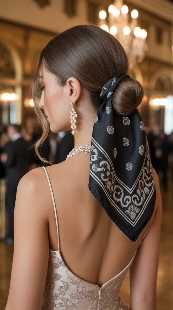  Elegant Bandana-Wrapped Low Bun