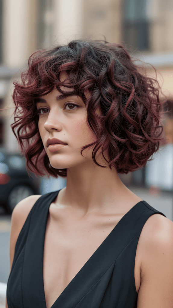 French Bob with Burgundy Highlights