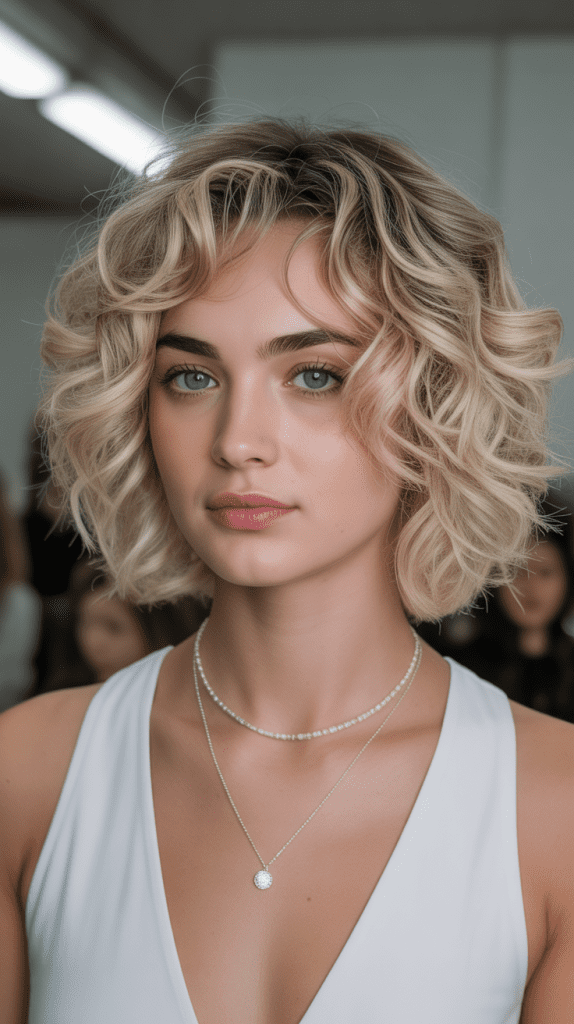 Mixed Blonde Tones Curly French Bob