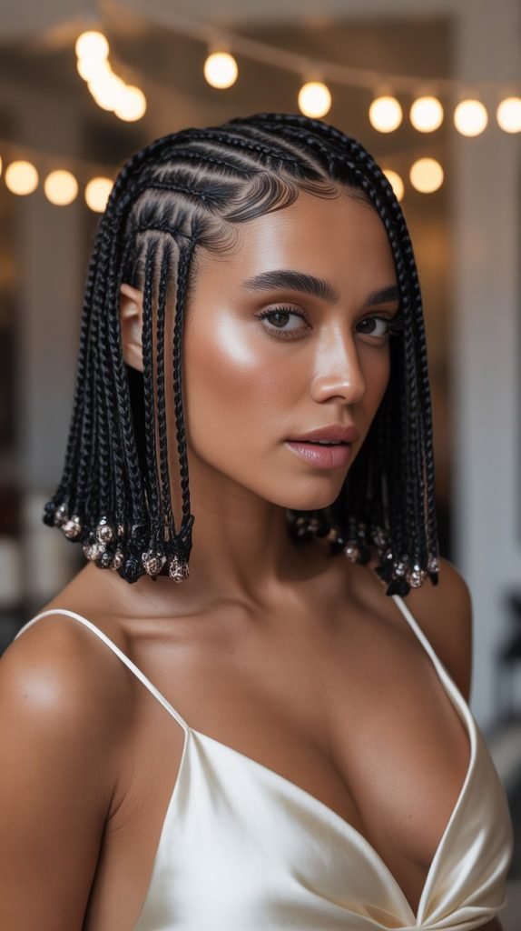 Side Part Short Braids with Metallic Accents