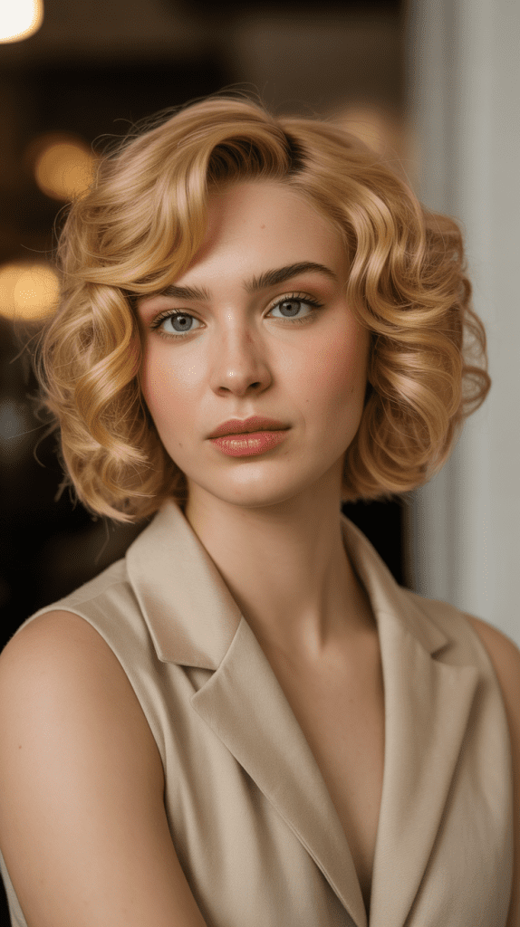 Golden Blonde Curly French Bob