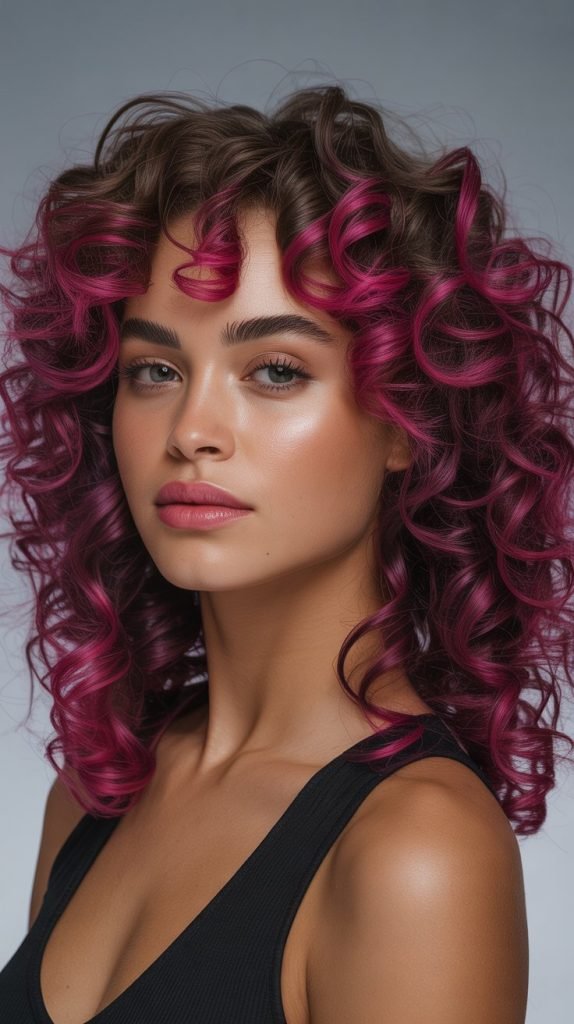 Vibrant Magenta Highlights on Tight Curls