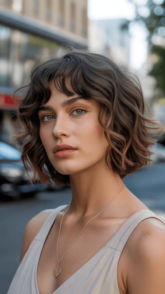 Wavy Bob with Curtain Bangs and Lived-In Color