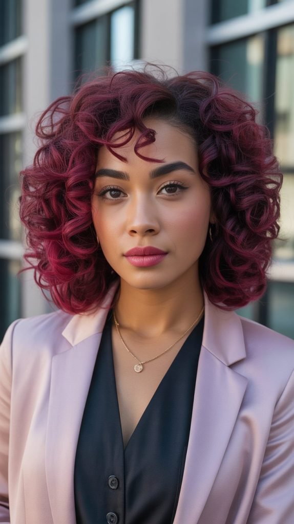Professional woman with curly hair featuring burgundy-pink transition, sophisticated color depth, elegant enhancement, workplace-appropriate styling
