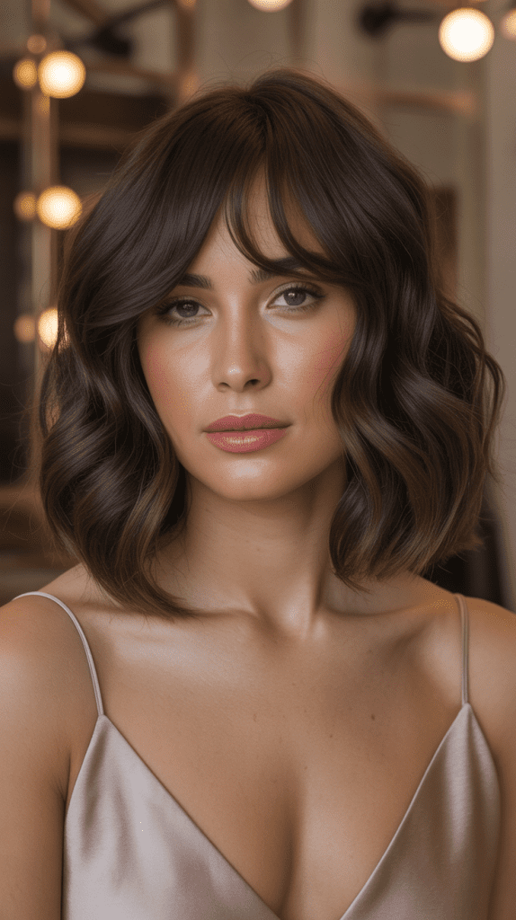 Wavy Bob with Curtain Bangs and Chocolate Lowlights