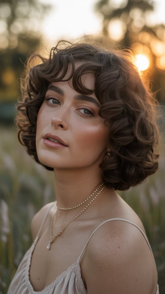 French Bob with Curtain Bangs for Curly Hair