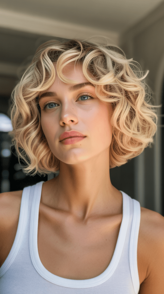 Sandy Blonde Curly French Bob