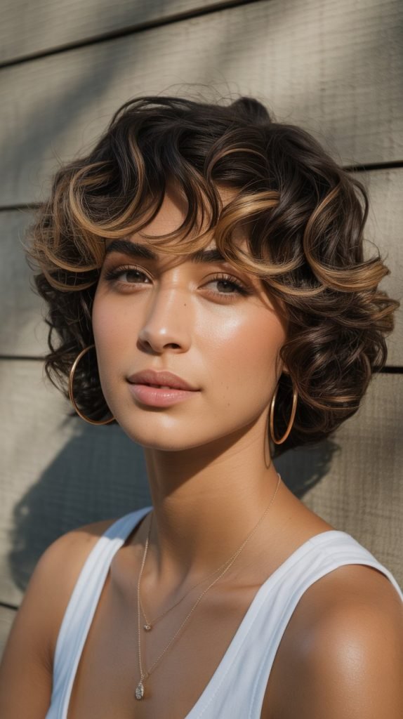 Golden Highlights on Dark Curls