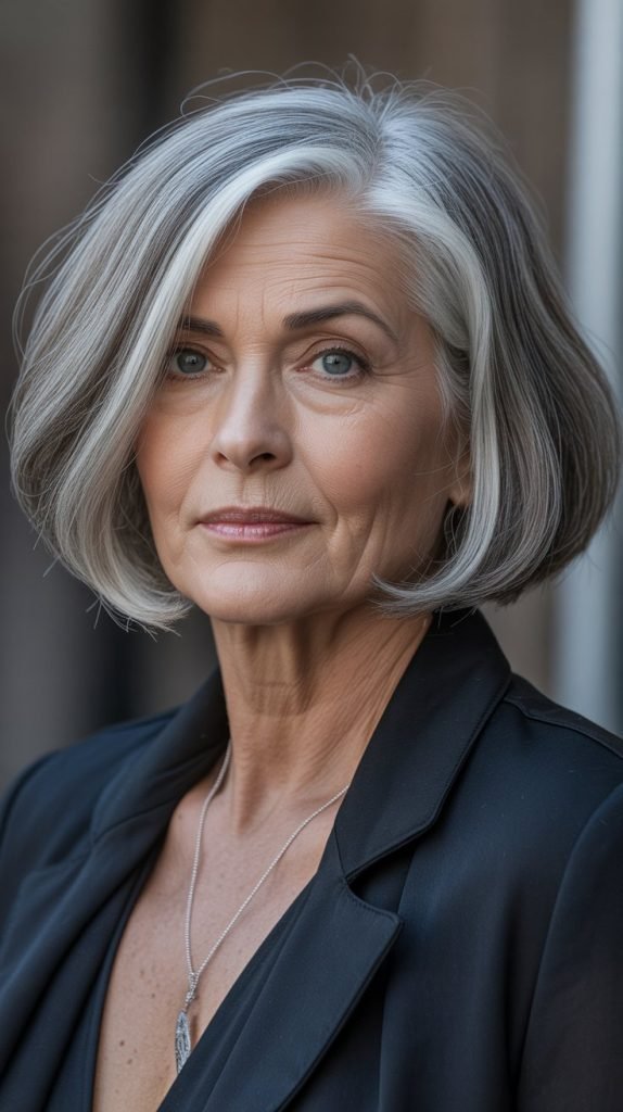 Sleek Grey Lob with Side Part