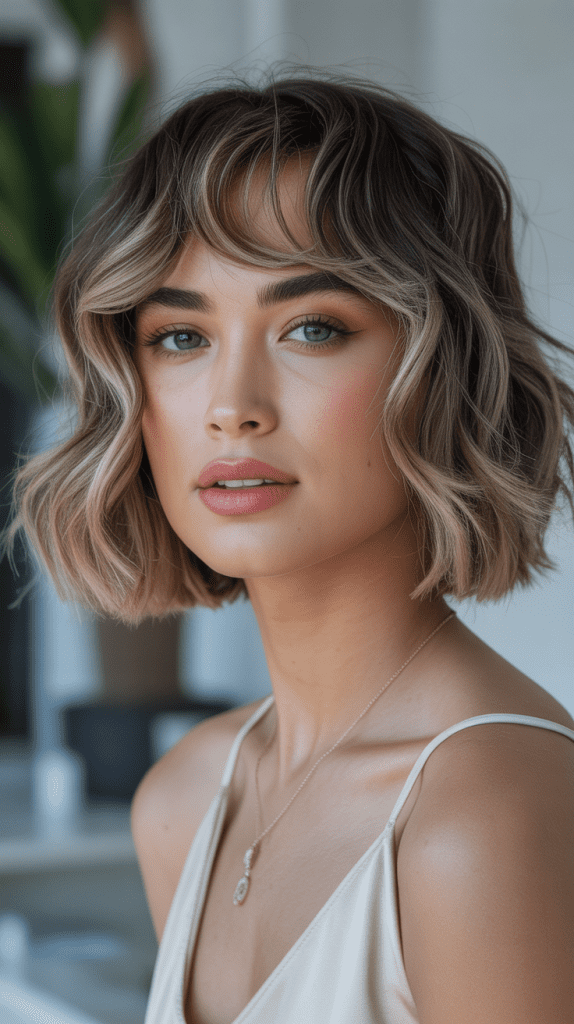 Wavy Bob with Curtain Bangs and Ash Tones
