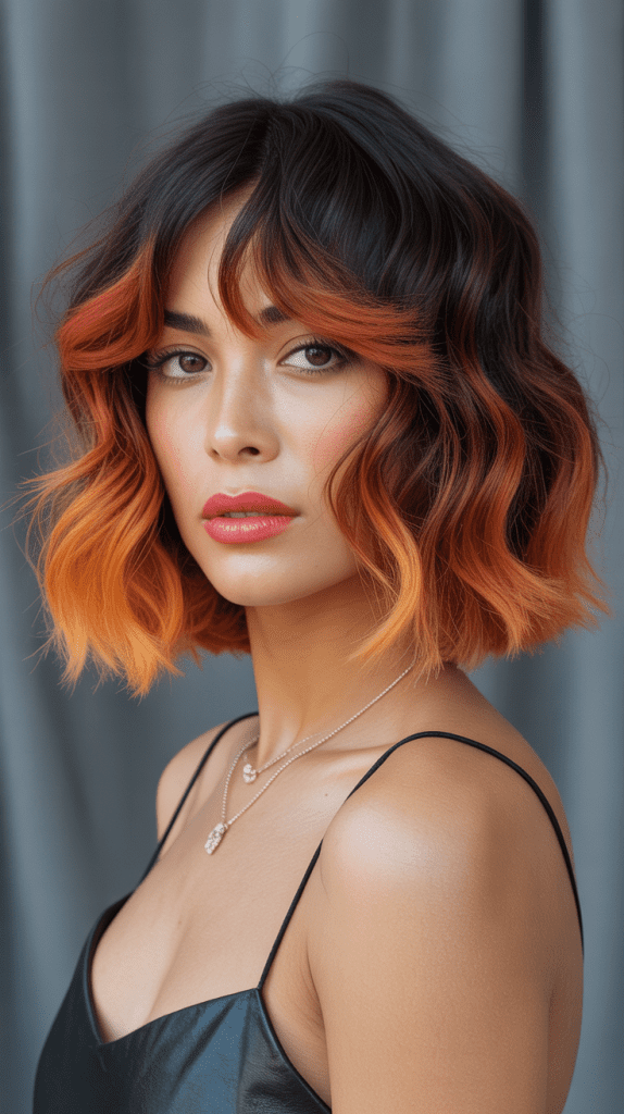 Wavy Bob with Curtain Bangs and Ombre Transition