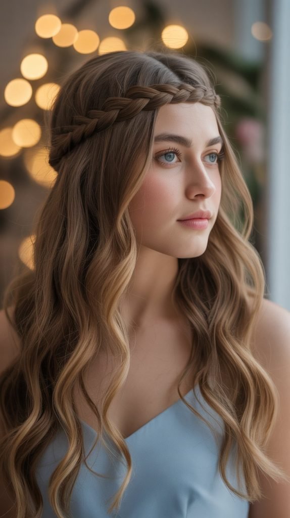 Crown Braid with Loose Hair for Romantic Appeal