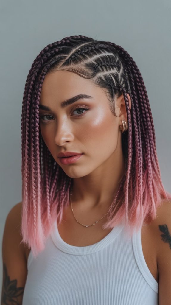 Side Part Short Braids with Ombre Fade
