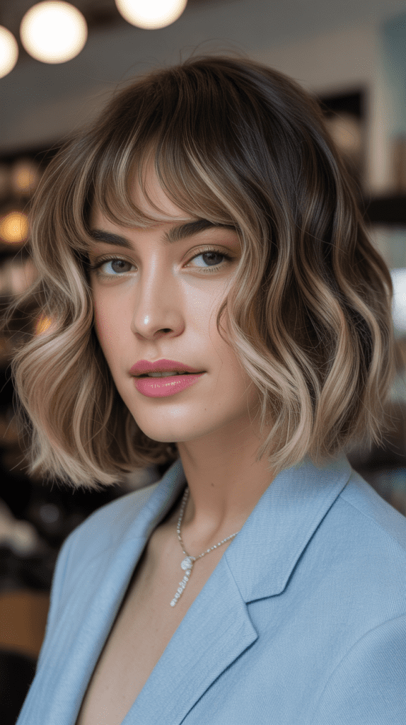 Wavy Bob with Curtain Bangs and Balayage