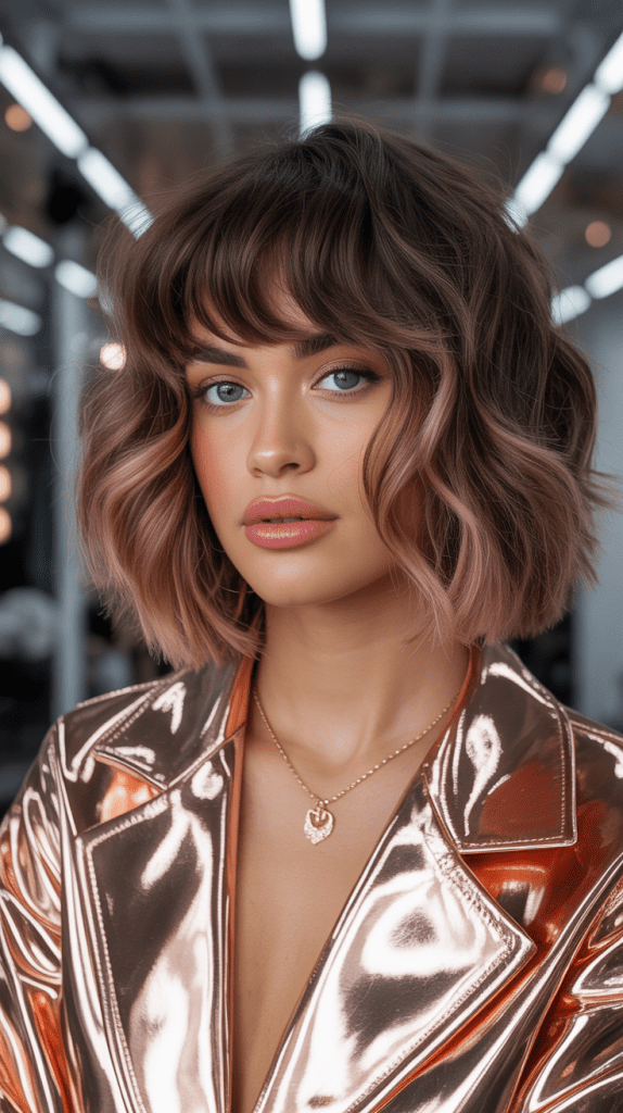 Wavy Bob with Curtain Bangs and Rose Gold Accents