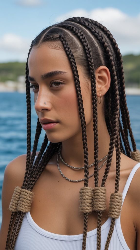 Side Part Medium Braids with Twisted Rope Sections