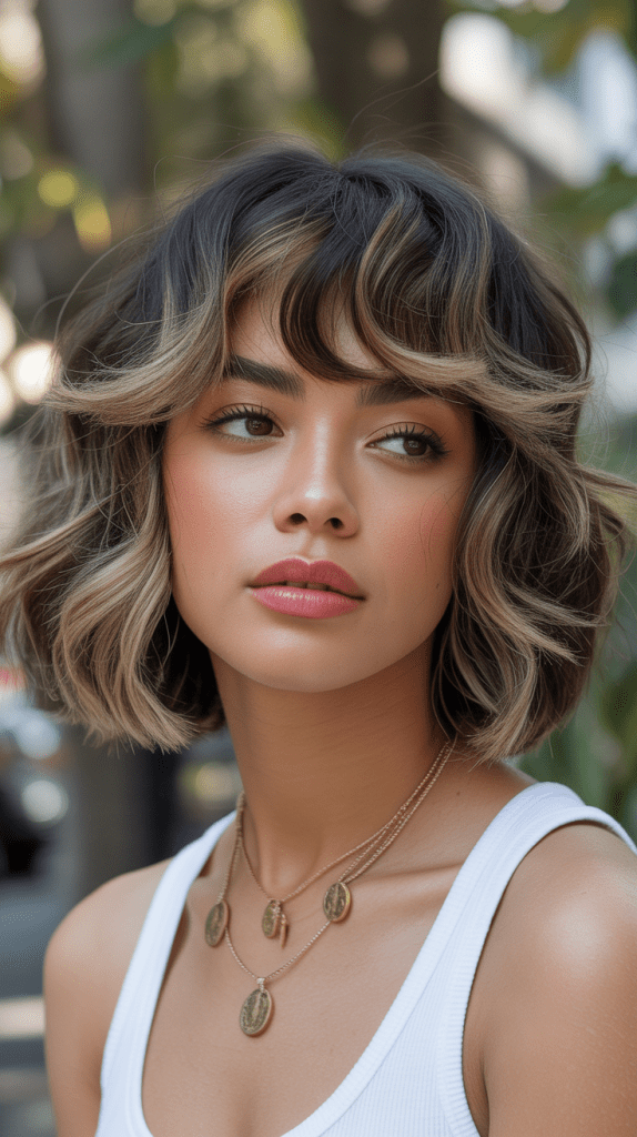 Wavy Bob with Curtain Bangs and Money Piece Highlights