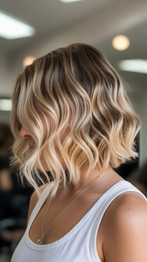 Textured Wavy Bob with Blonde Balayage