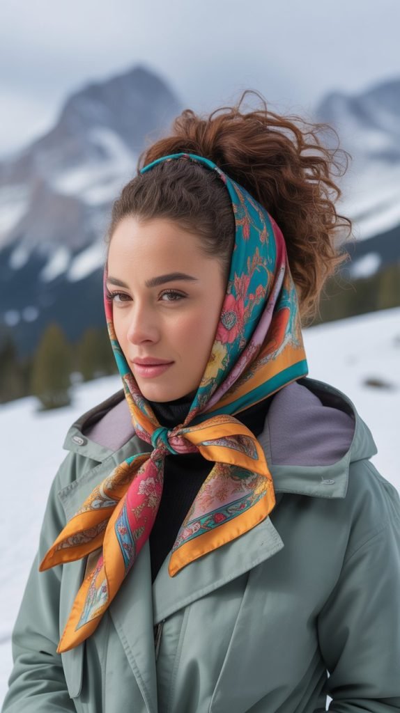  High Curly Ponytail with Scarf Wrap