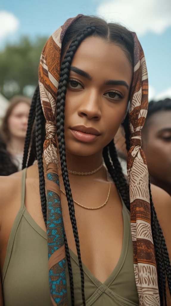 Tribal Braids with Patterned Bandana Integration