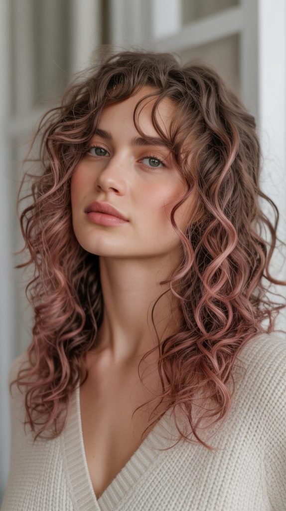 Dusty Rose Balayage for Loose Curls