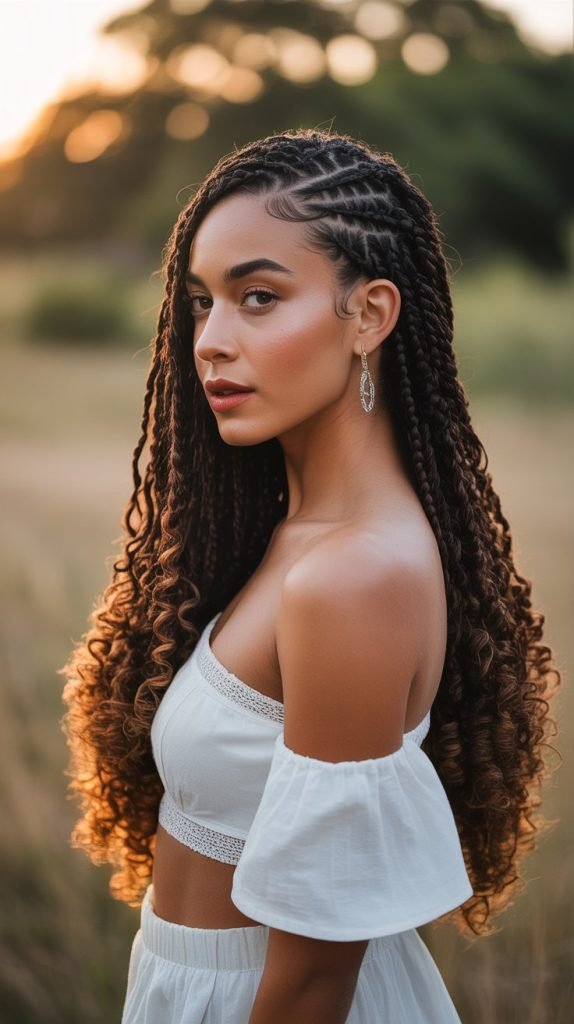 Side Part Fulani Braids with Loose Curls