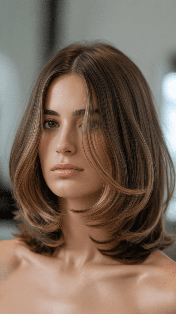 Brunette Layered French Bob with Highlights