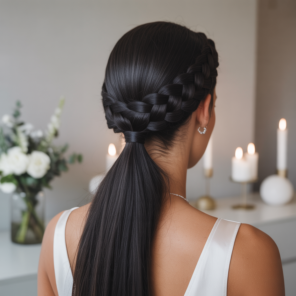 Sleek Low Ponytail with Braided Wrap