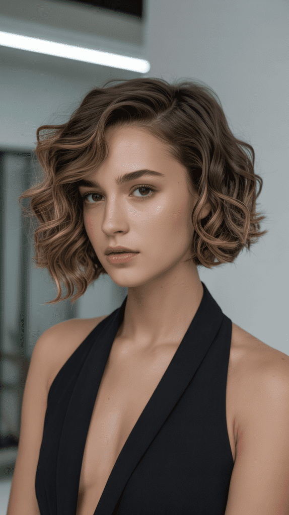 Asymmetrical Curly Bob with Deep Side Part