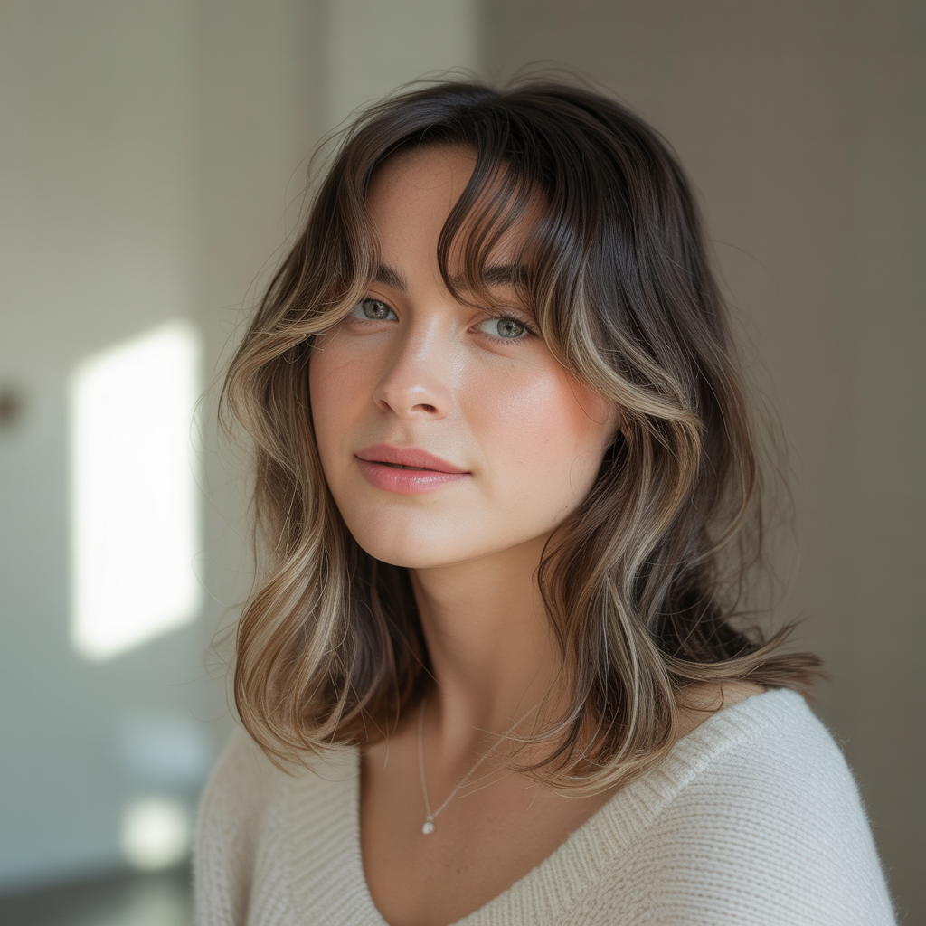 Brunette Balayage Curtain Bangs