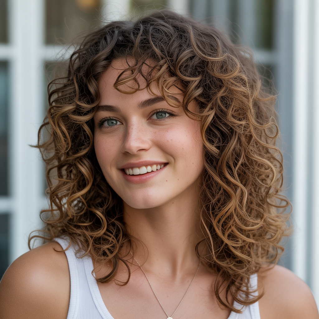 Warm Brown Balayage for Curly Hair