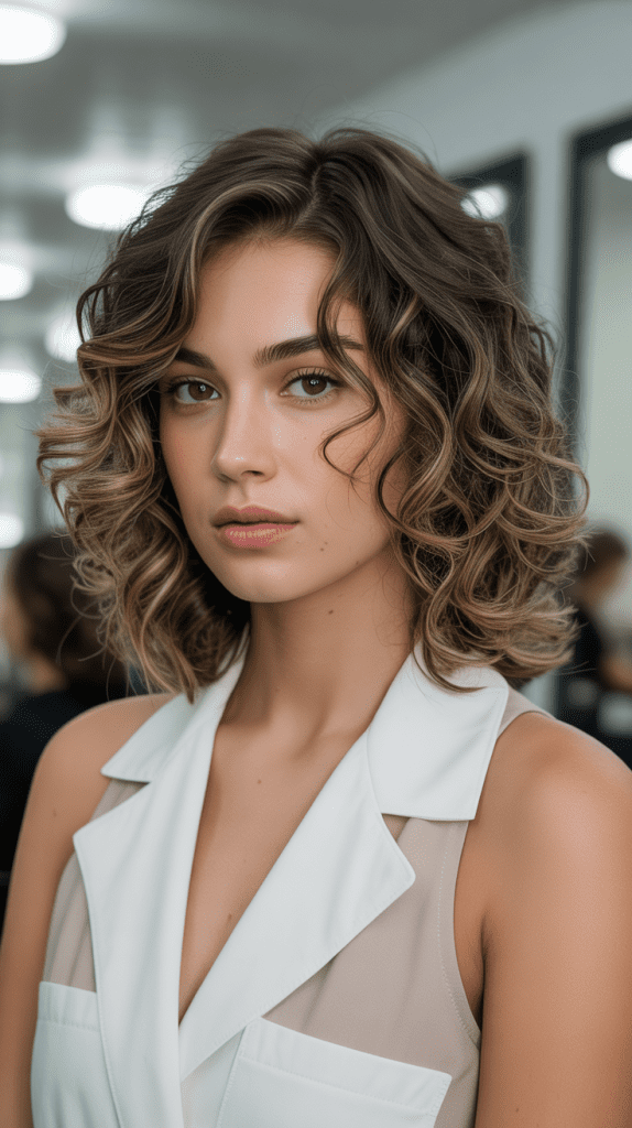 Layered Curly Lob with Highlights
