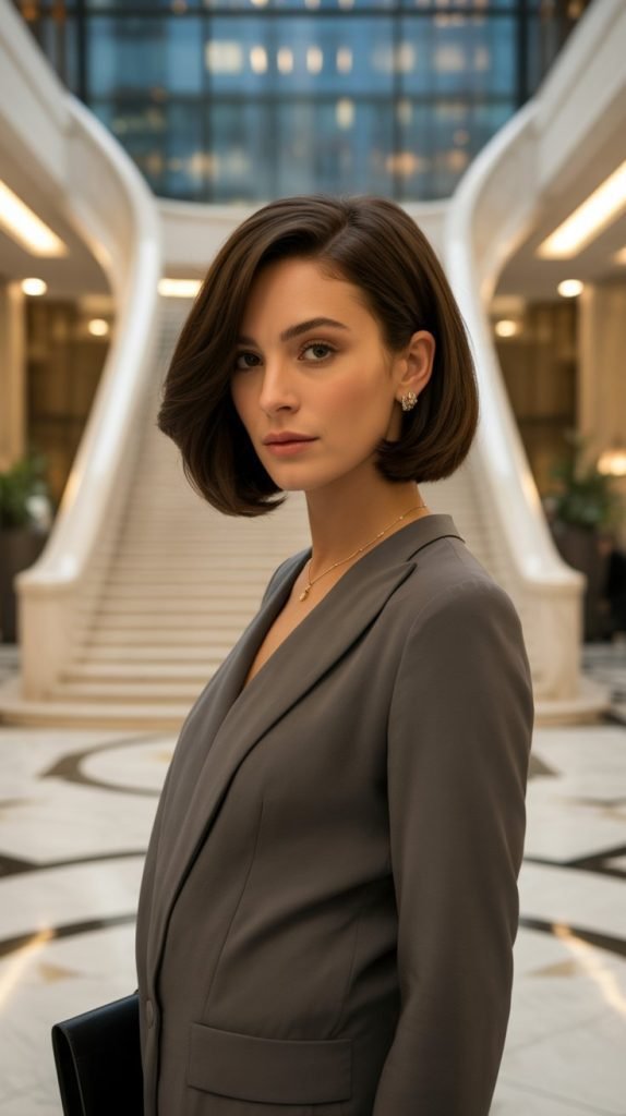 20. Sleek Asymmetrical Chin Bob with Side Bangs