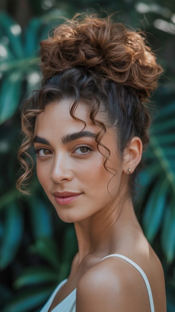 Voluminous Curly Top Knot with Face-Framing Tendrils