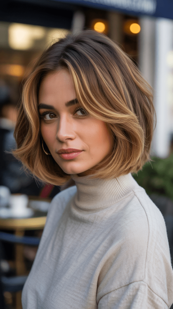Layered French Bob with Caramel Blonde Highlights
