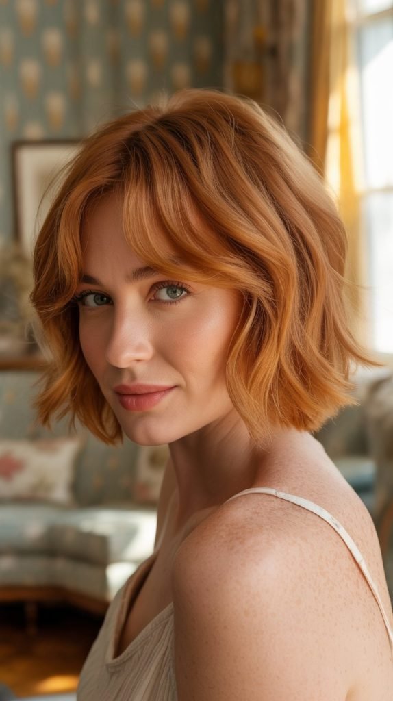 Strawberry Blonde Shaggy French Bob with Copper Undertones