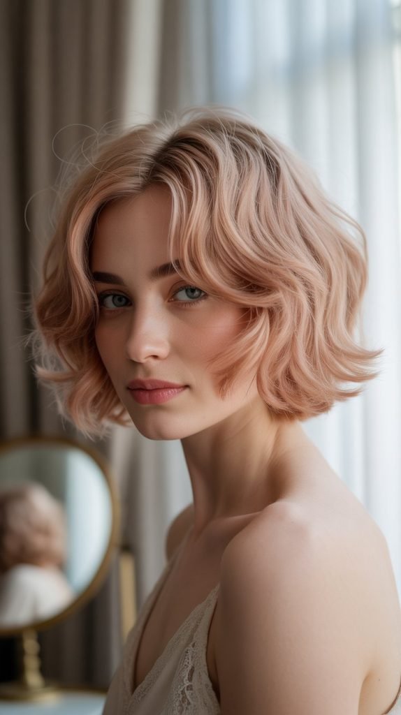 Champagne Rose Blonde Shaggy French Bob for Romantic Appeal