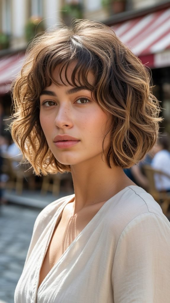 Wavy French Bob with Tousled Curtain Bangs