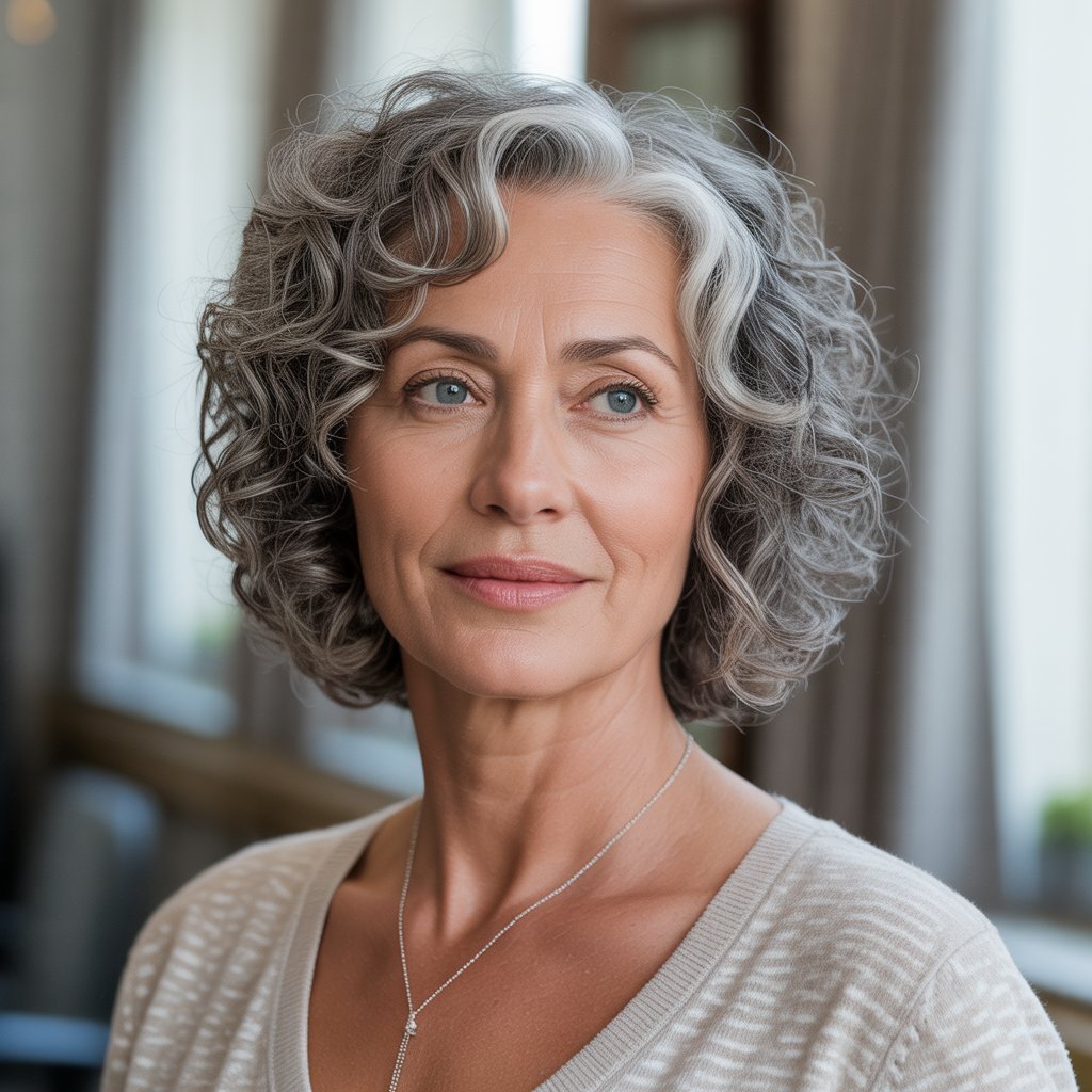 Curly French Bob with Natural Gray