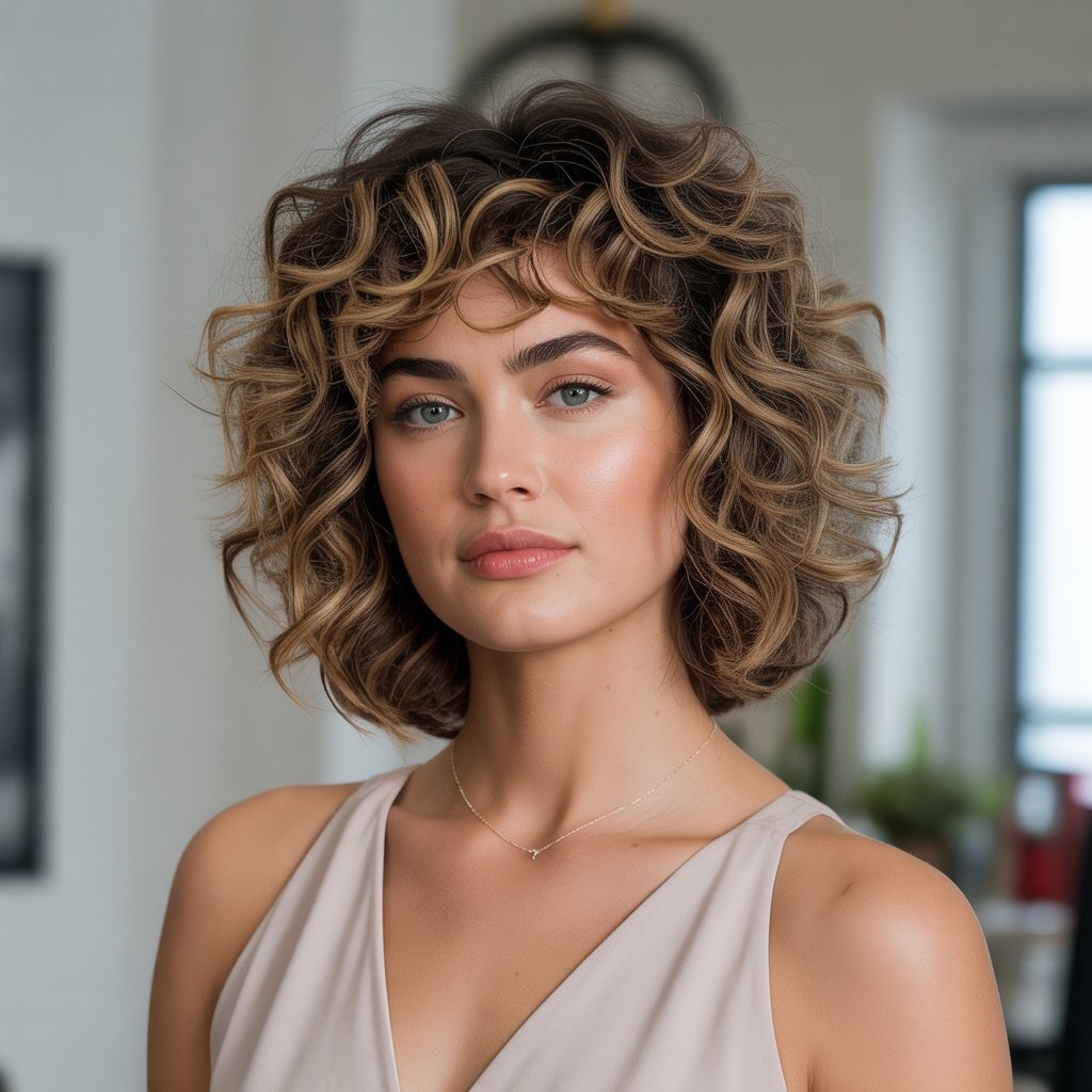 Voluminous Curly French Bob with Crown Layers